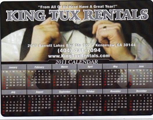 2011 King Tux Rentals Calendar